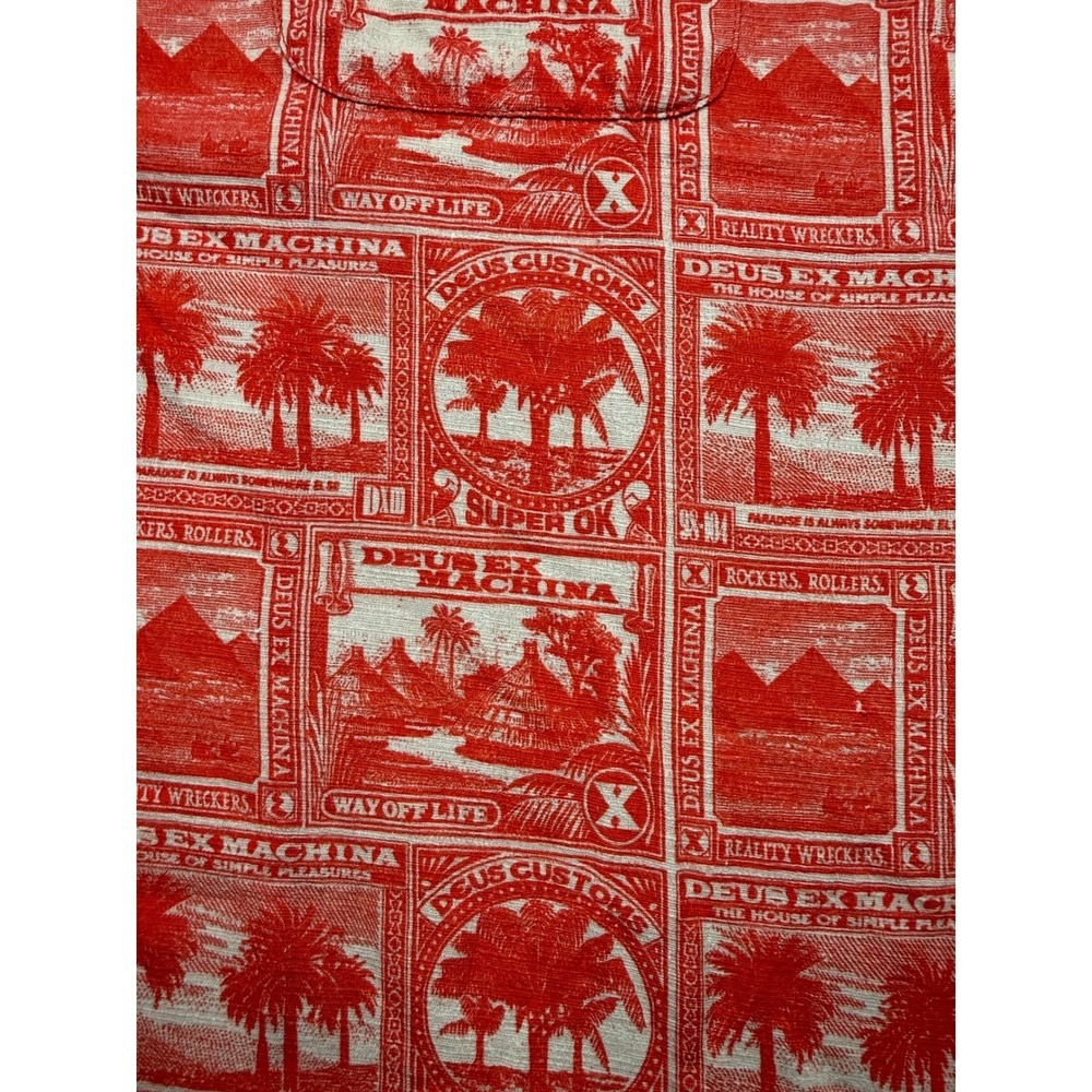 NWT Deus Ex Machina Men M Mail-Man Shirt Red Stamp Palm Print Cotton Button Up - Picture 8 of 14